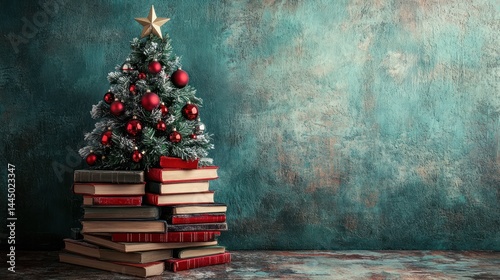 Christmas tree on books, teal background, holiday decor photo