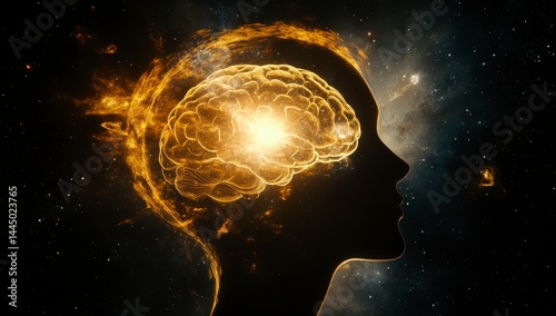 Glowing Golden Brain in Cosmic Silhouette