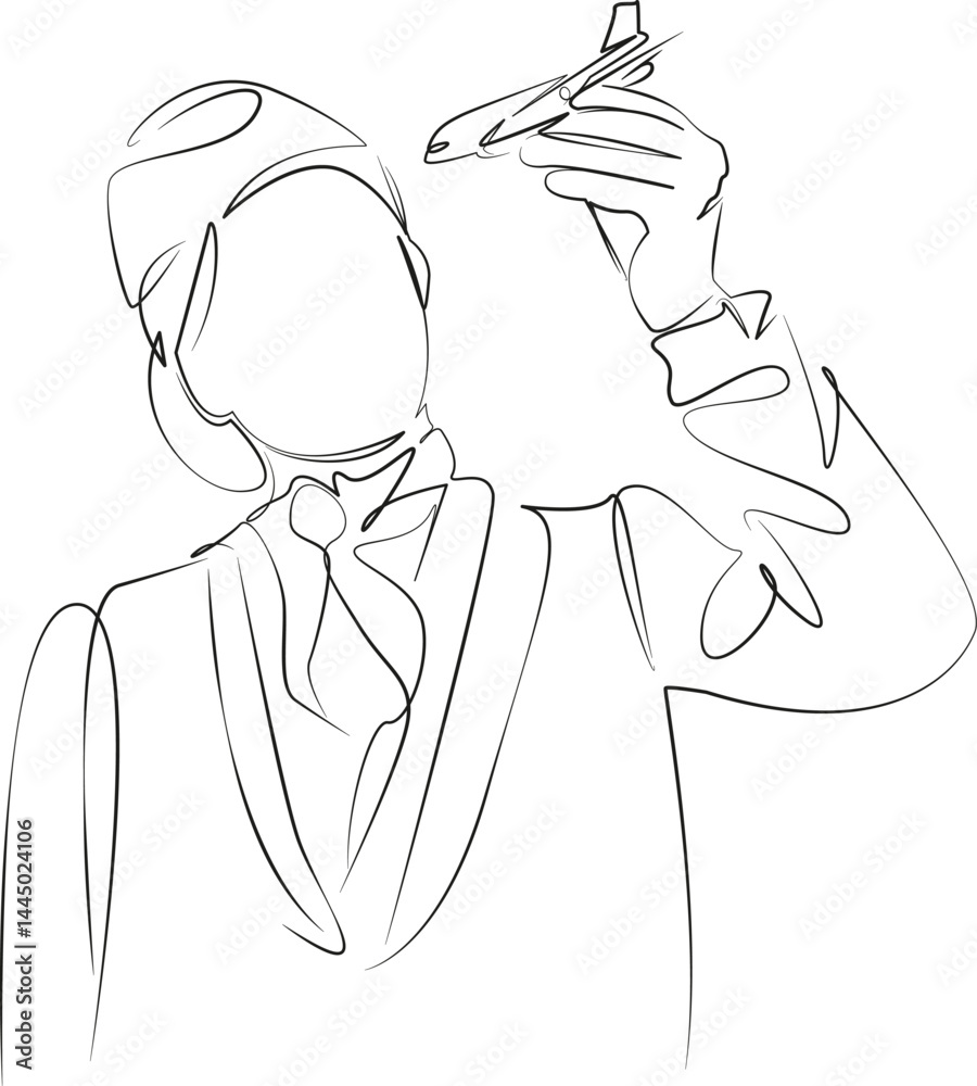 One continuous single drawing line art flat doodle transportation, travel, flight, uniform, aeroplane, woman, hostess. Isolated image hand draw contour on a white background, hand drawn, not AI One continuous single drawing line art flat doodle transportation, travel, flight, uniform, aeroplane, woman, hostess. Isolated image hand draw contour on a white background, hand drawn, not AI