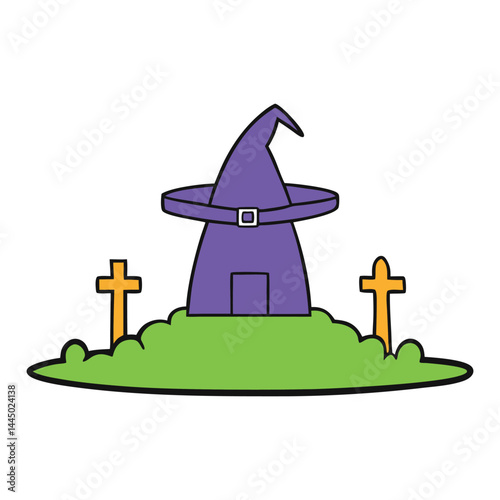 A spooky witch's hat rests near eerie tombstones in a foggy cemetery, surrounded by gnarled trees and a haunting moonlit sky—perfect for Halloween chills.