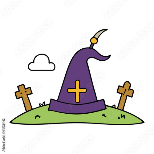 A spooky witch's hat rests near eerie tombstones in a foggy cemetery, surrounded by gnarled trees and a haunting moonlit sky—perfect for Halloween chills.