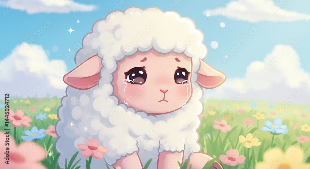 Crying Sheep Cartoon Character in Meadow with Flowers Illustration Crying Sheep Cartoon Character in Meadow with Flowers Illustration