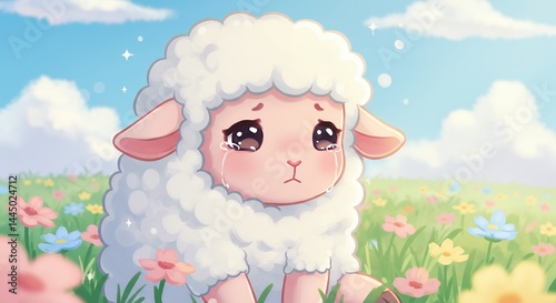Wallpaper Mural Crying Sheep Cartoon Character in Meadow with Flowers Illustration Torontodigital.ca