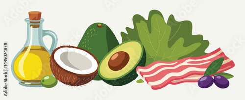 Ketogenic Diet Food Illustration with Avocados Coconut Oil and Bacon
