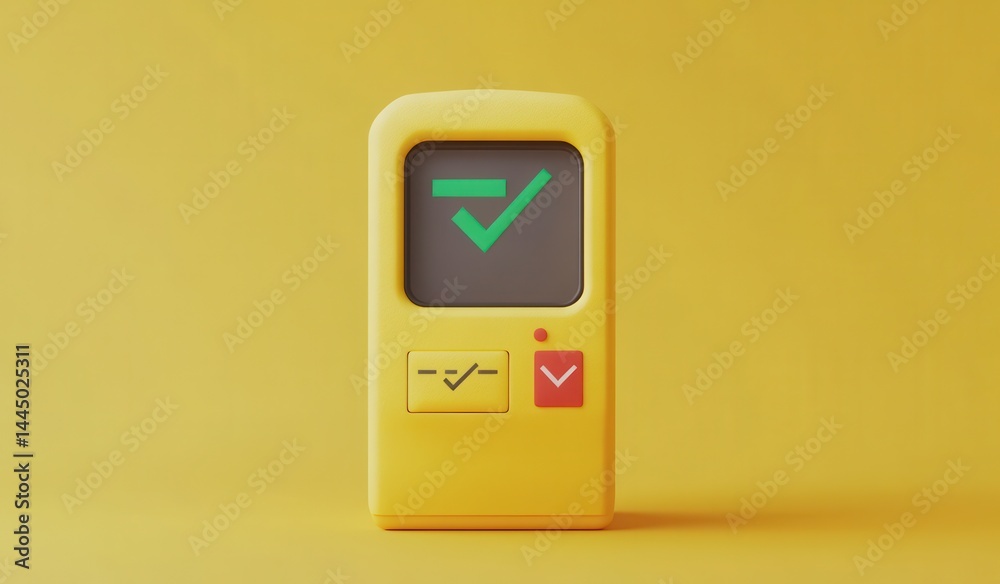 Minimalist Yellow Digital Device with Green Checkmark on Yellow Background Minimalist Yellow Digital Device with Green Checkmark on Yellow Background