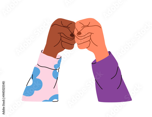 Fist bump, friends greeting together. Two diverse hands gesture for support, solidarity, trust and unity. Friendship, bond and connection sign. Flat vector illustration isolated on white background
