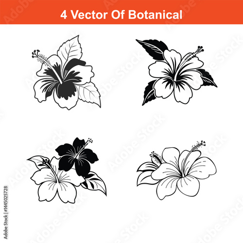 Hibscus Flower Continuous Line Drawing with Editable Stroke,Black and white hibiscus flowers, branch, leaf