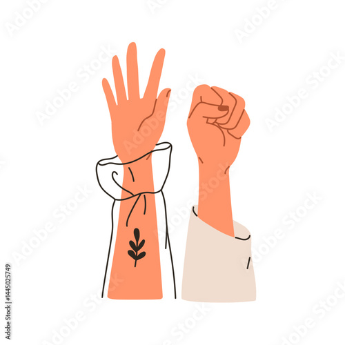 Open hand, palm and clenched fingers, fist gestures together. Women arms rais...