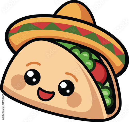 Cute cartoon of happy taco character wearing sombrero. Vector illustration of taco mascot.