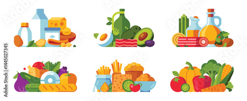 Assorted Food and Grocery Items Flat Lay Illustration