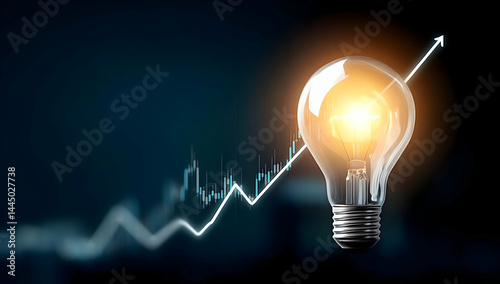 A glowing light bulb symbolizing innovation and growth, with a rising graph in the background representing upward trends in the business world.