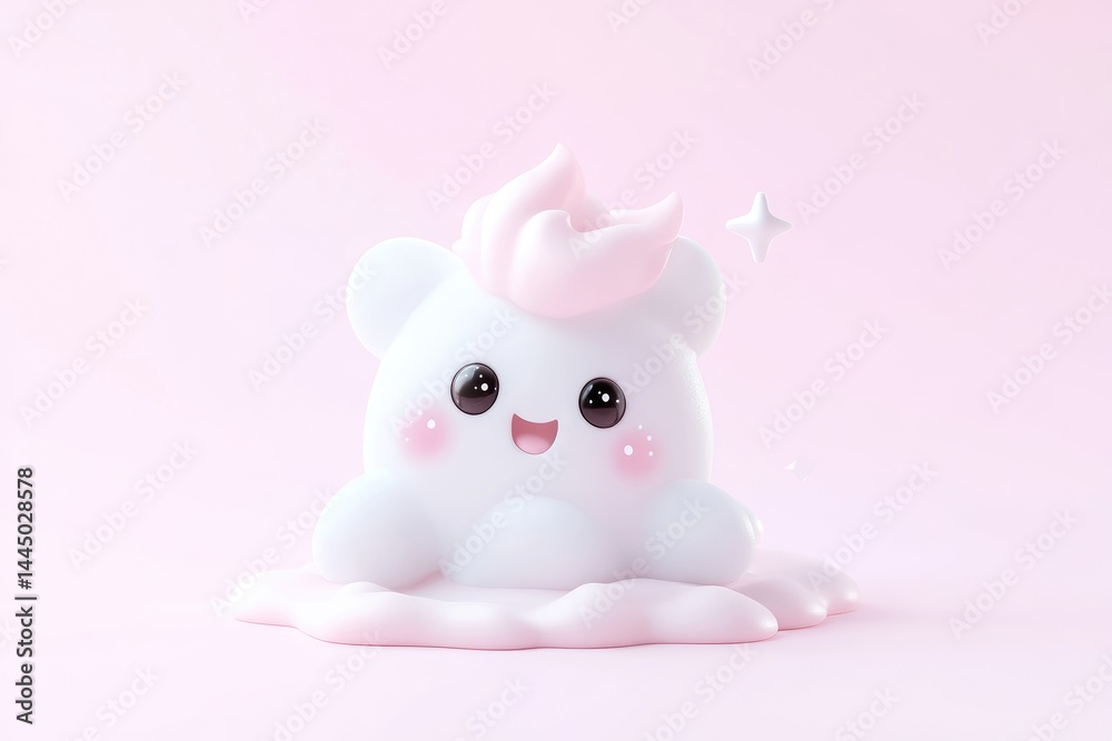 Cute, stylized cloud-like creature, sitting on a cloud, with pink highlights, cheerful expression, and sparkling effect