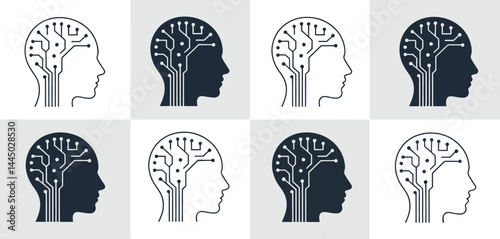 Artificial Intelligence Head Icons Set Circuit Board Brain