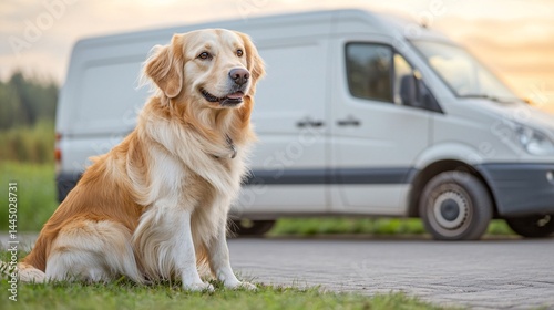 Golden Retriever Sitting Near Van with Sunset Background