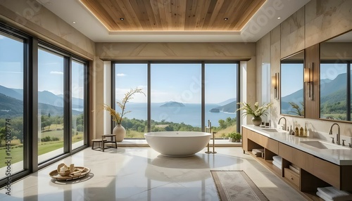 bright bathroom with wooden ceiling and scenic lake view