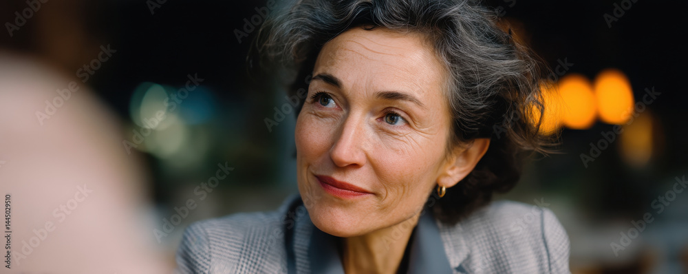 Fototapeta premium Smartly dressed older woman sharing ideas with thoughtful expression