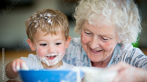 Joyful Moment of Grandmother and Child Baking Together at Home