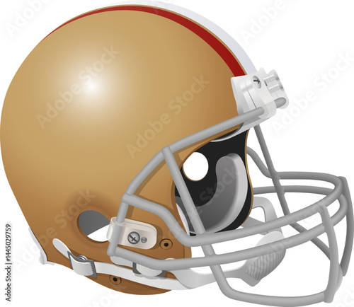 Realistic golden helmet of the San Francisco 49ers American football team with a gray facemask and chin strap