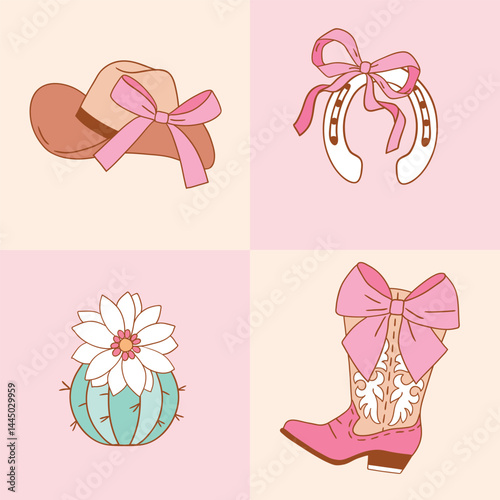 Set of western cowgirl accessory. Hand drawn vector girly rodeo clipart. Perfect for tee shirt logo, greeting card, poster or nursery print design. EPS 10 vector file.