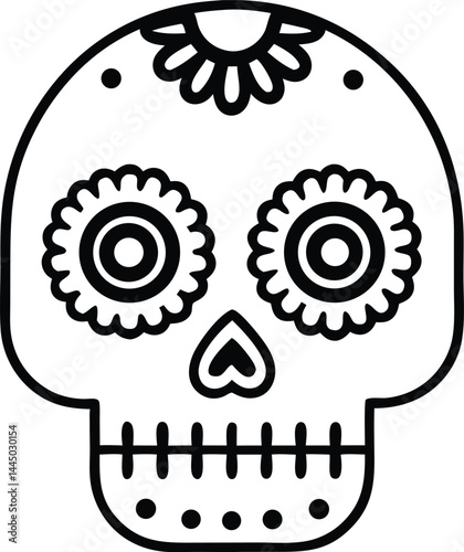 Sugar skull icon. Mexican festive decorated skeleton. Traditional ornament of marigolds. Day of the Dead concept. 