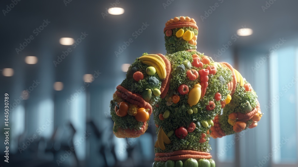 Silhouette of an athlete made of vegetables and fruits symbolizes a diet and a healthy lifestyle