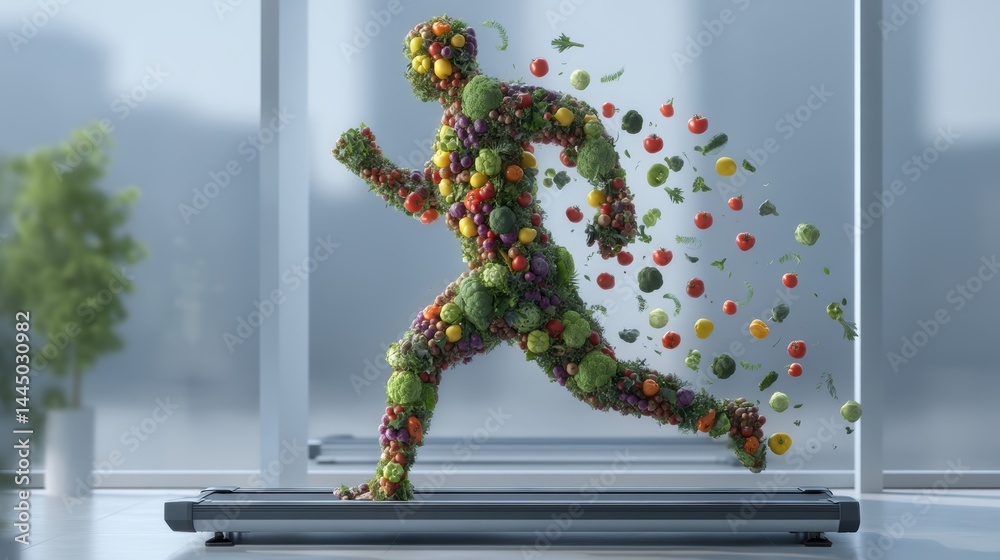 Silhouette of an athlete made of vegetables and fruits symbolizes a diet and a healthy lifestyle
