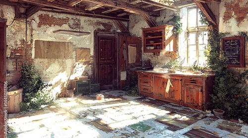 Abandoned Vintage Kitchen with Overgrown Plants and Sunlight