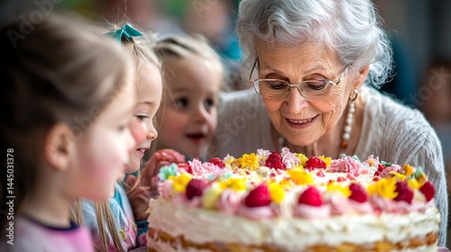 Joyful grandmother celebrating birthday with young grandchildren