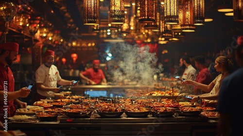 Vibrant Restaurant Scene with Chefs Preparing Delicious Cuisine