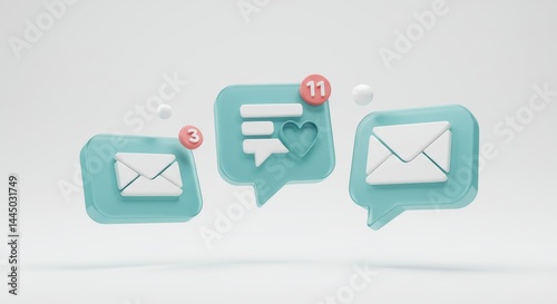 3D render of chat bubbles illustrating communication with unread messages and notifications representing online interaction and social media engagement