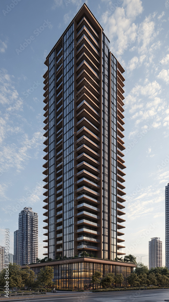 Fototapeta premium Modern high rise building with glass facade and surrounding urban landscape