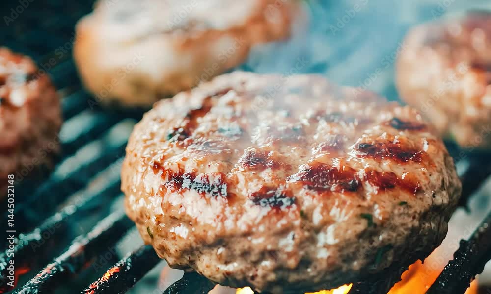 Juicy burger patties sizzling on a hot grill with visible grill marks and smoky steam rising.