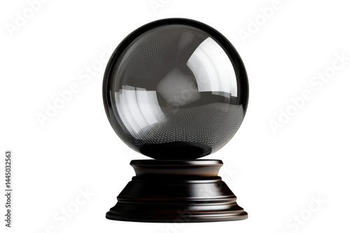 Empty crystal ball resting on wooden base with transparent background