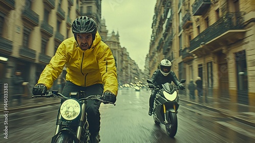 Cyclists in Rainy City Streets on Motorcycles and Bikes