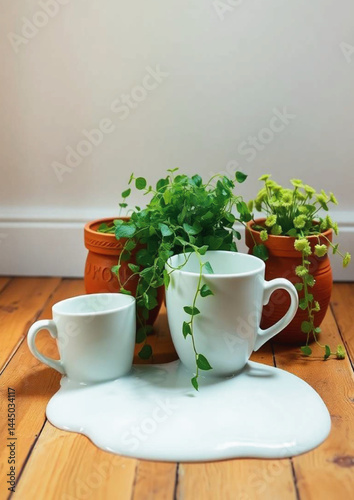  orange pots, home decor, accident, mess, top view, ove