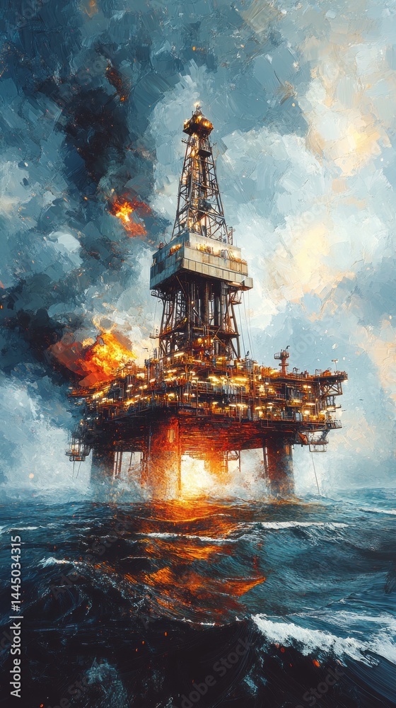 A massive offshore oil platform is actively performing drilling operations, emitting lights against a dramatic sky. The ocean surrounds the structure, reflecting energy and activity A massive offshore oil platform is actively performing drilling operations, emitting lights against a dramatic sky. The ocean surrounds the structure, reflecting energy and activity