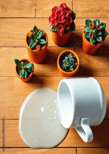  orange pots, home decor, accident, mess, top view, ove