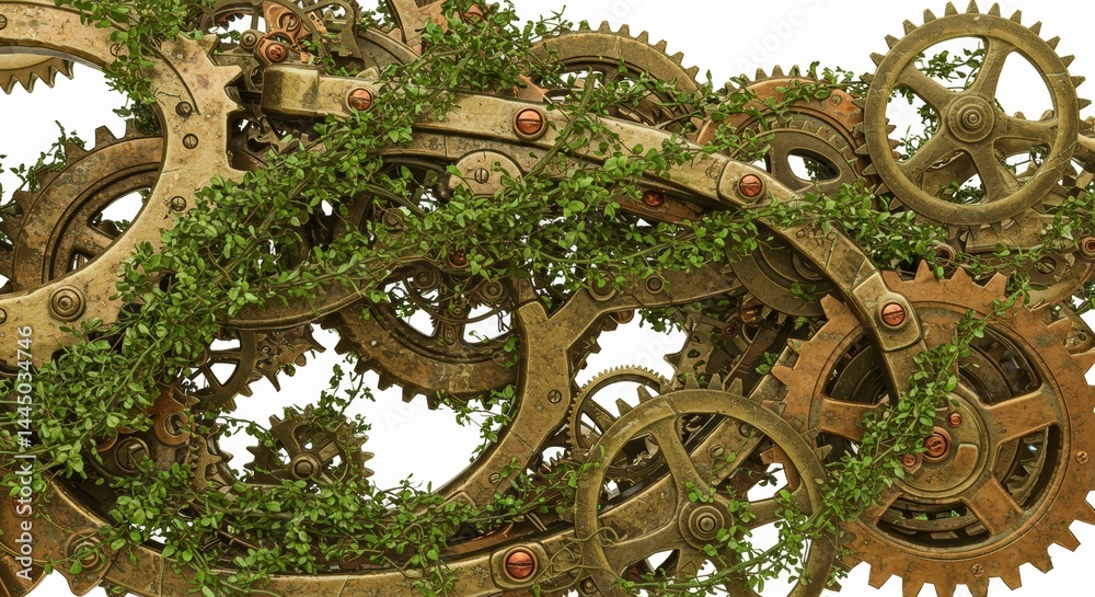Fototapeta premium Steampunk gears covered in green foliage nature reclaiming industry intricate details and textures showing the balance between technology and nature