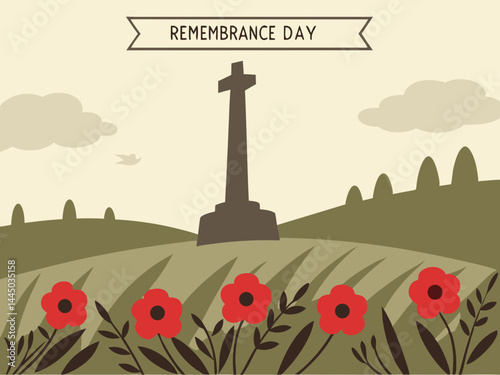 Remembrance Day Tribute with Soldiers Marching in Background and Poppy Wreath with Medals and Union Jack Flag Placed on Military Grave Marker