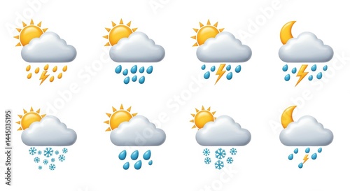 Weather forecast icons set featuring sun, clouds, rain, snow, thunder, and moon elements for weather prediction and meteorology applications