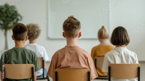 Diverse classroom scene with students sitting on chairs facing a whiteboard in a modern educational setting, emphasizing learning, teaching, and student engagement photo