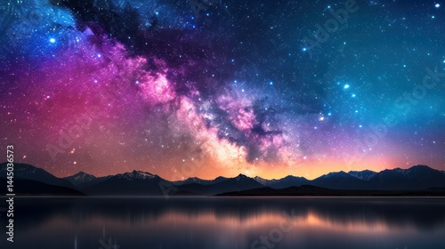 Stunning view of colorful starry night sky with the Milky Way galaxy over calm mountain lake reflecting vibrant hues and silhouetted mountain range at dusk