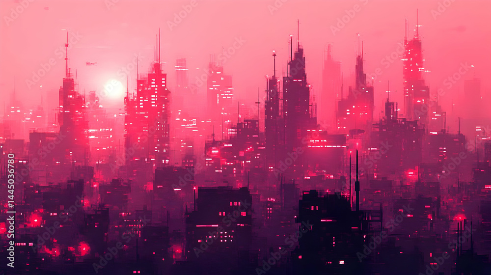 Fototapeta premium Dense Red Futuristic Cityscape at Sunset with Glowing Lights and Architectural Skyline in an Urban Environment
