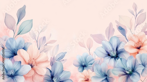 A beautiful watercolor floral pattern with cyclamen in pastel colors, with an empty space for text in the center on top of it, on light pink background, flowers are located at  bottom of  picture 