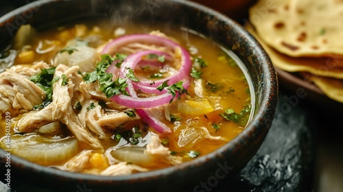 Side angle of steaming bowl of Belizean escabeche black stone backdrop chicken onion soup oregano tangy broth and soft tortillas served hot in Belizean homes cut out on isolated transparent background