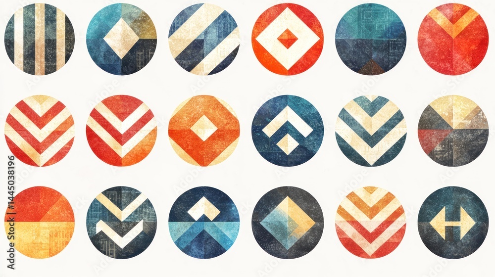 Collection of twenty geometric, vintage-style circular patterns in muted colors.