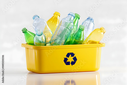Plastic bottles for recycling in a yellow container with recycling symbol photo