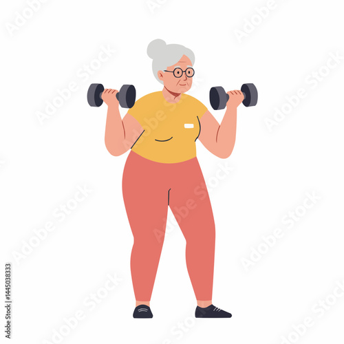 Senior woman exercising with dumbbells in a bright illustration  