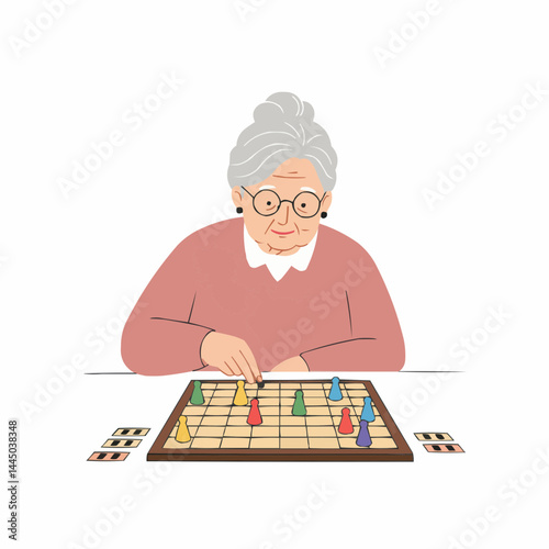 Elderly Woman Playing Board Game Icon with Colorful Pieces  
