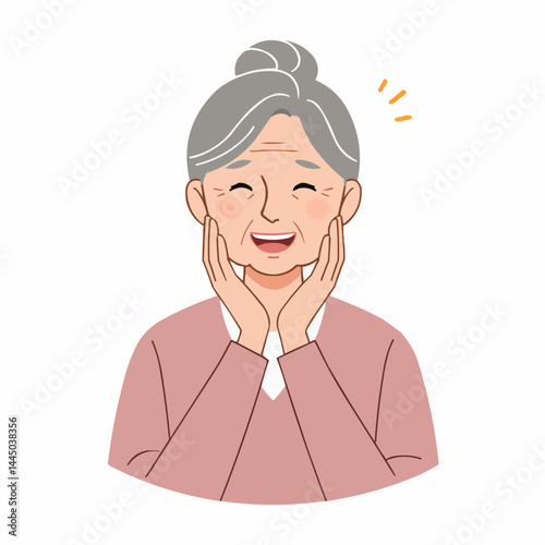 Elderly woman smiling joyfully against a simple white background  